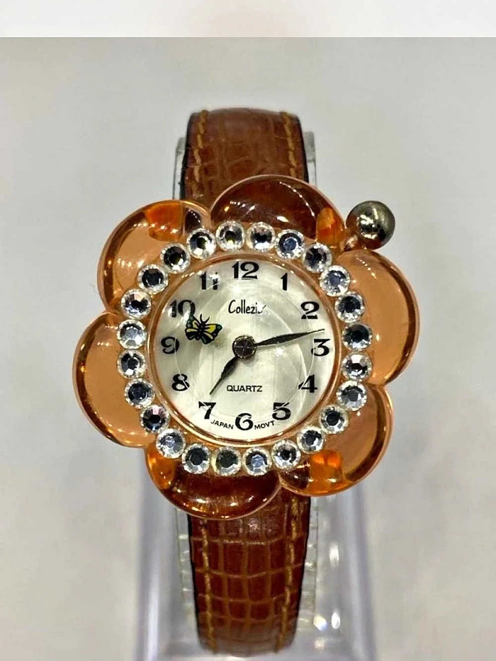 *** Collezio ^^^ Iced Flower Crystal Bezel Watch *** Rotating 🦋 Butterfly ^^^